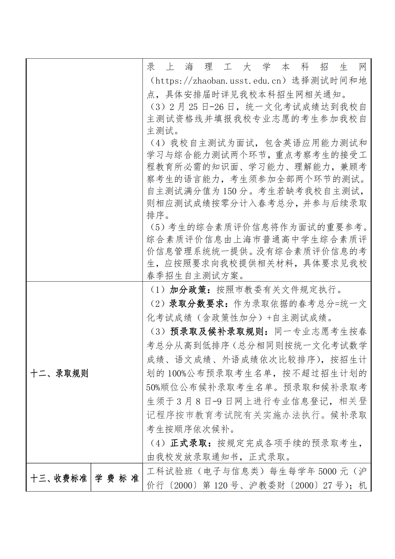 上海理工大学2023 年春季高考招生章程